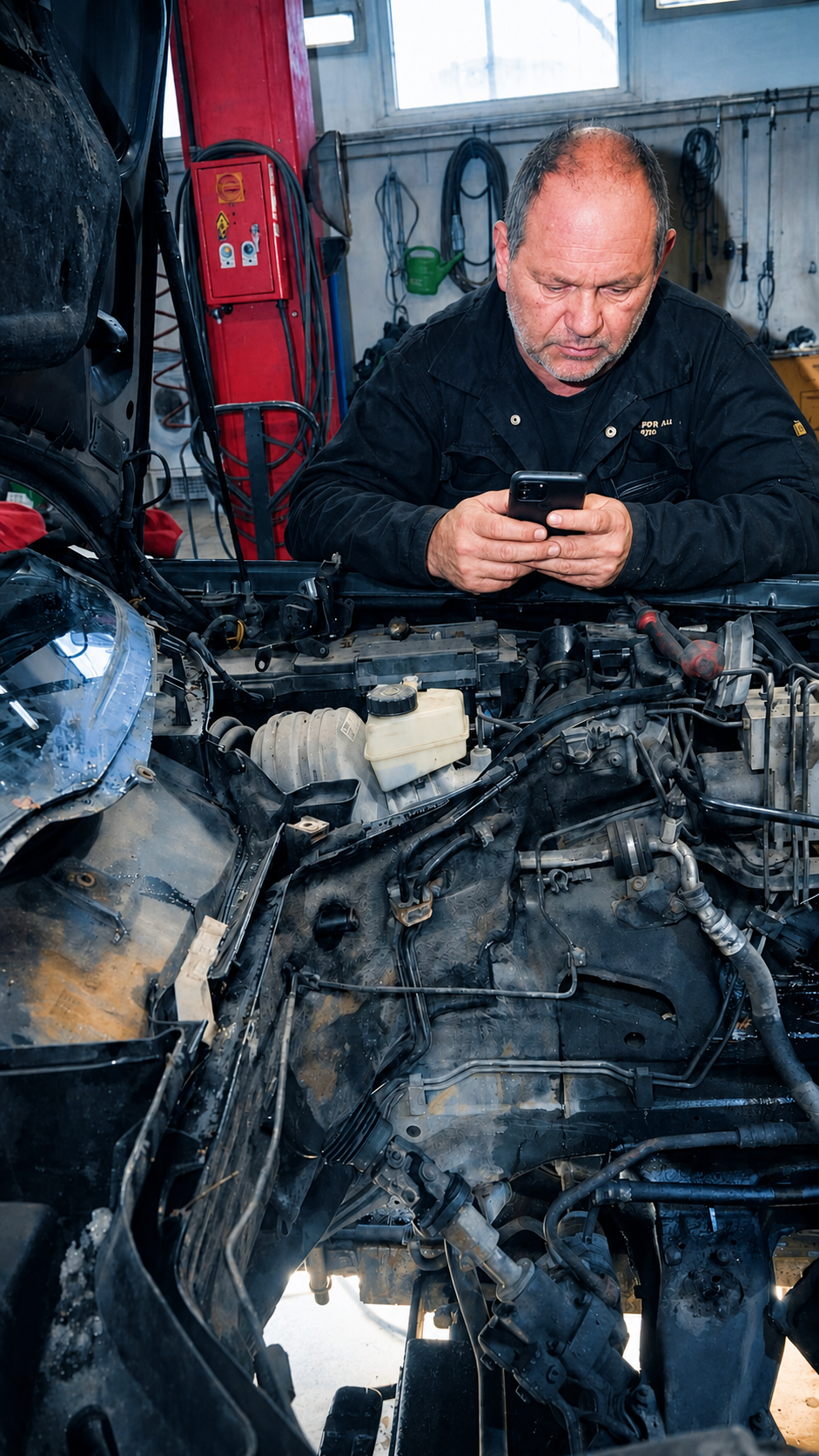 Mekaniker registrerer jobben på mobilen ved motorrommet